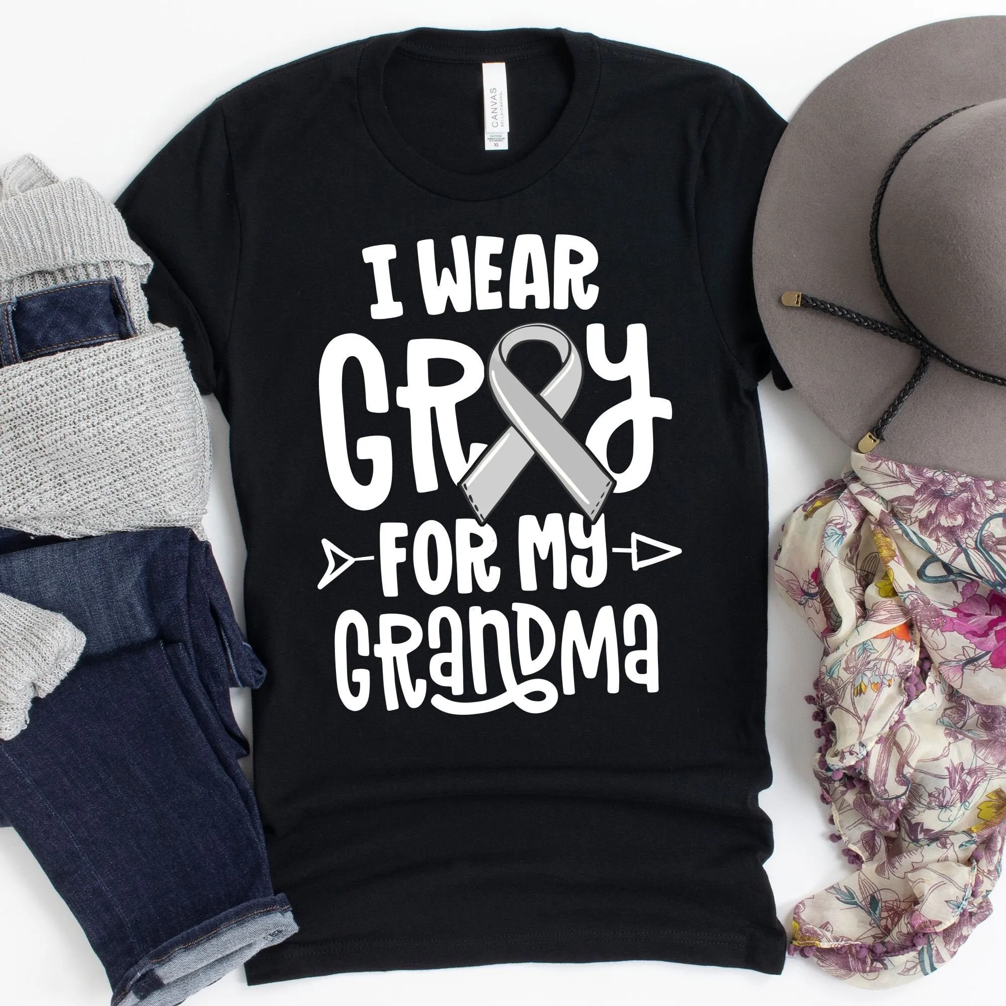 

I Wear Gray For My Grandma T Shirt Grey Ribbon Brain Cancer Support