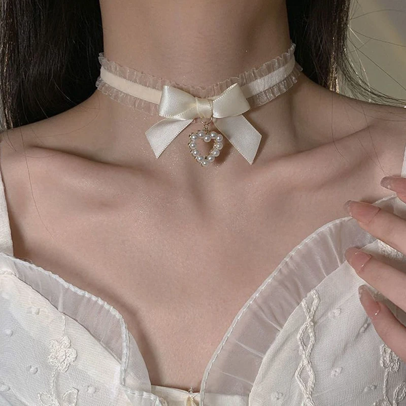 Lace Bow Tie Collar Women Heart Pearl Pendant Choker Lolita Maid Cosplay Necklace Girls Party Jewelry Gift