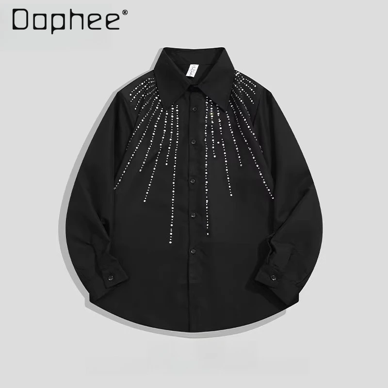 

2026 Spring and Autumn Korean Style Men's Hot Diamond Simple Versatile Loose Casual Black White Lapel Long Sleeve Shirt