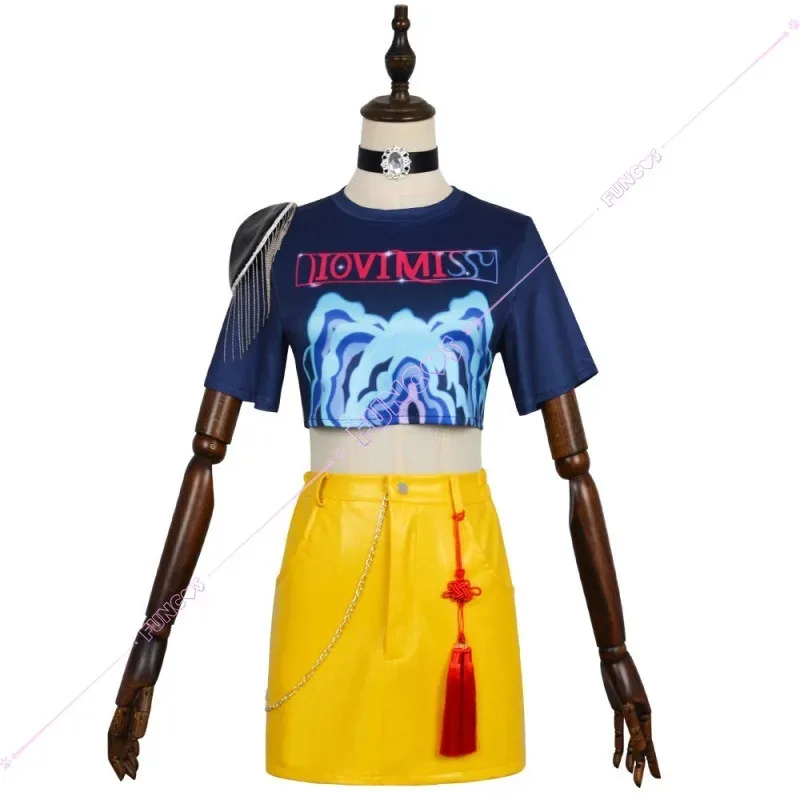 Anime KPop Demon Hunters Mira Cosplay Costume Wig T-shirt Skirt Earrings Necklace Tassel Props For Women Girls Huntrix Halloween