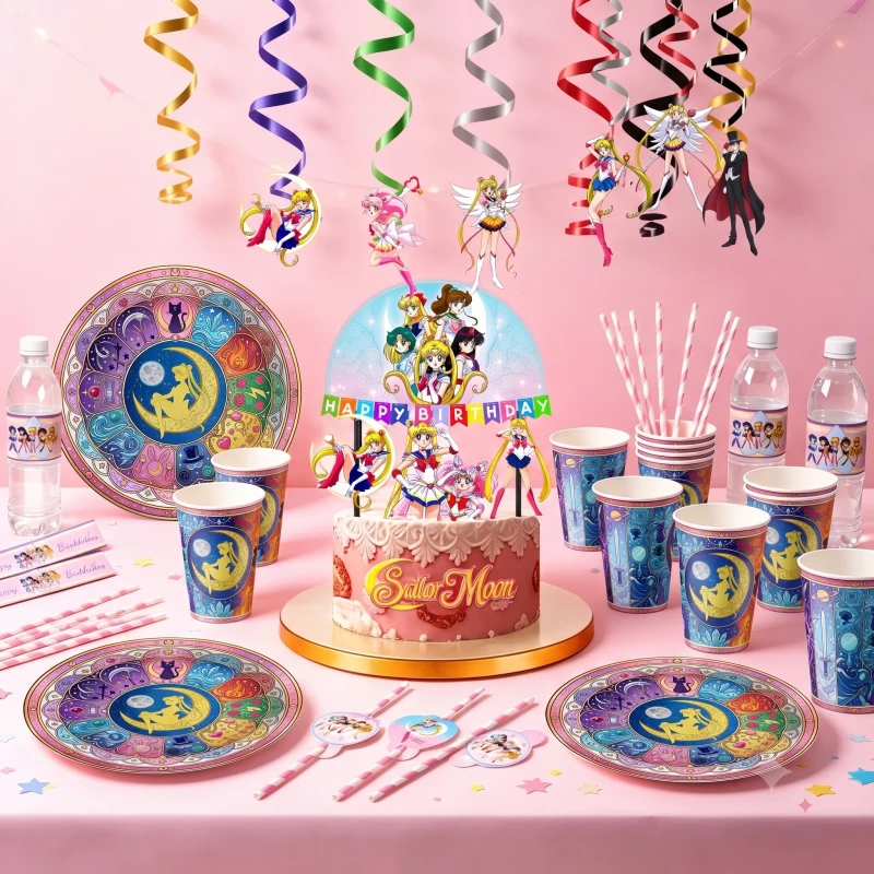 Articles de fête Sailor Moon sur le thème de Noël : gobelets, assiettes, drapeaux, pailles, bannière spirale et décorations pour cupcakes