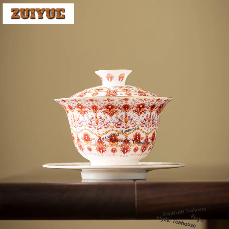 150ml Dunhuang Phoenix Feather Red Gaiwan Boutique Tea Tureen Tea Bowl With Lid Kit Tea Maker Cover Bowl For Tea Supplies Gift