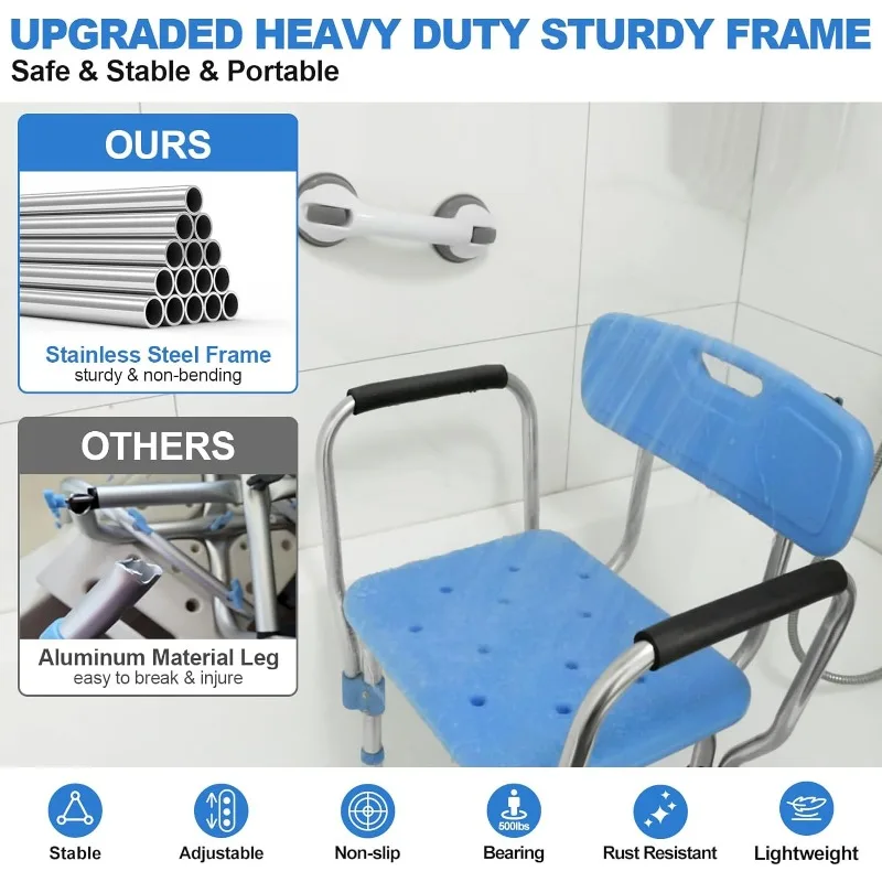 Upgraded Heavy Duty Stainless Steel Shower Chair Seat,Strong Support 500LB Bariatric Bath Chair w/Arms and Back/Padded,Safety