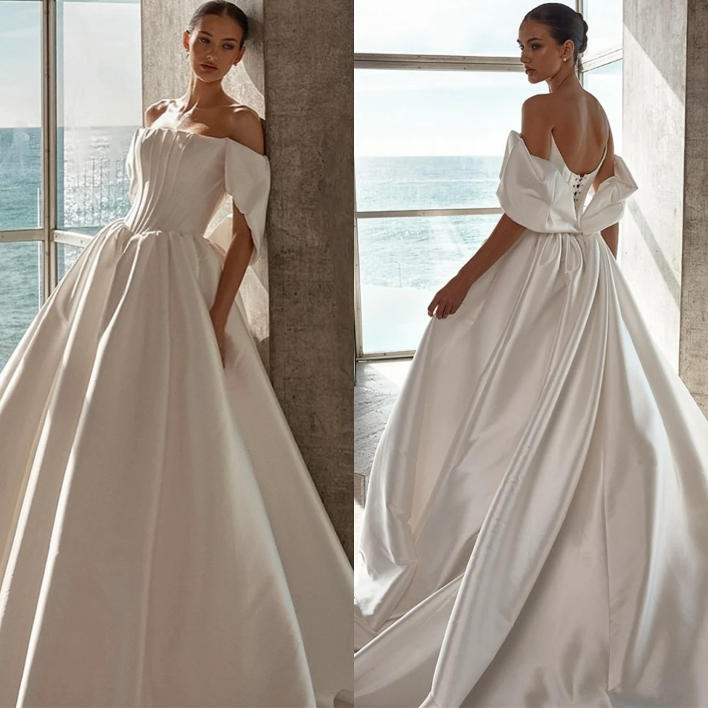 

Customized Charming White Satin Wedding Dress Elegant Off the Shoulder Court Train Vestido De Novia Lace Up Back Bridal Gowns