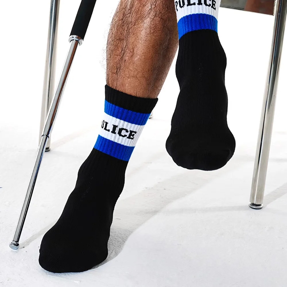 Socks Control Men's Black POLICE Letter Sports Socks Medium Tall Fitness Towel Sole Cotton Socks