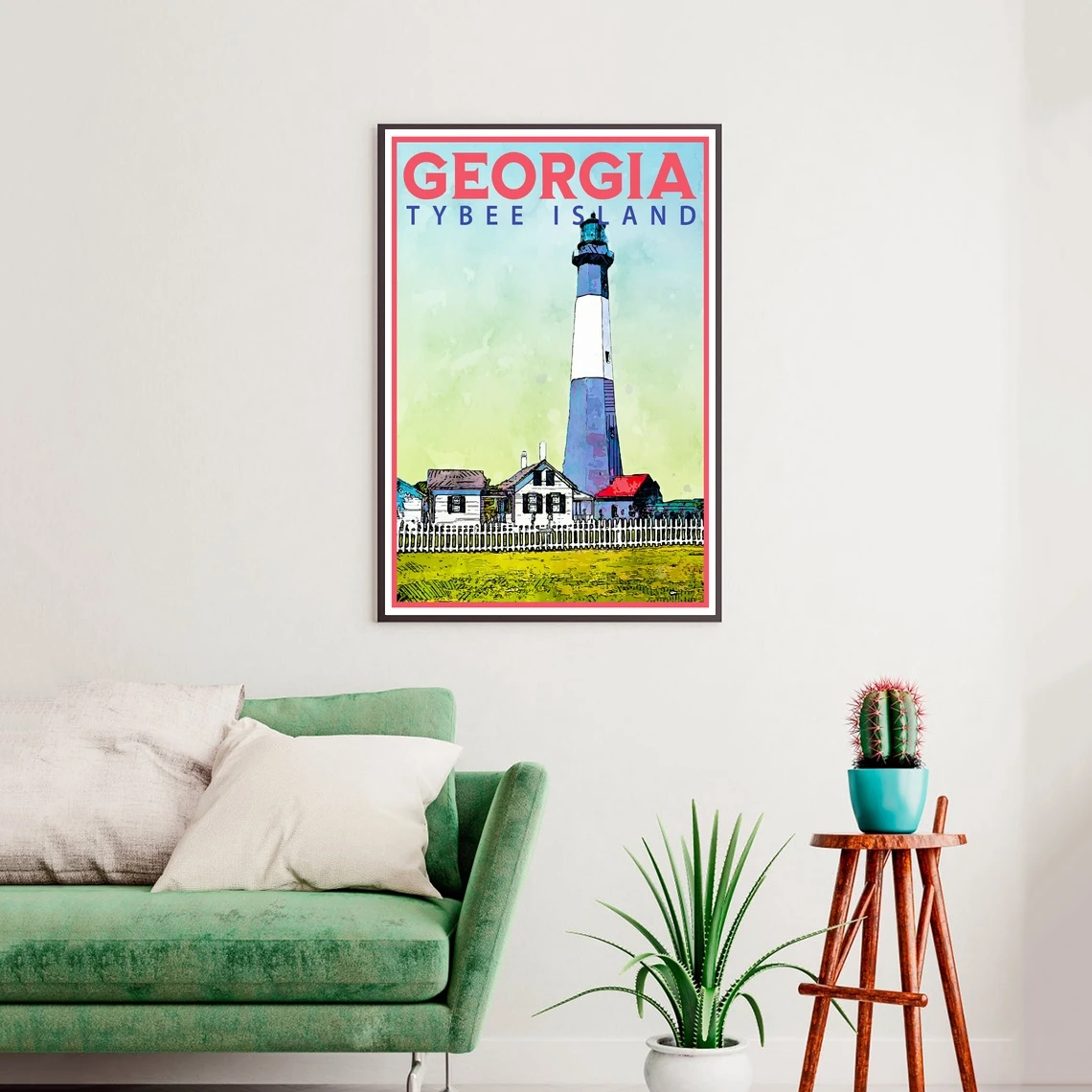 ملصق جورجيا للسفر، طباعة على الطراز العتيق، ديكور، منارة تايبي آيلاند، فن الحائط، السفر، العطلة، المنزل، تذكار #2