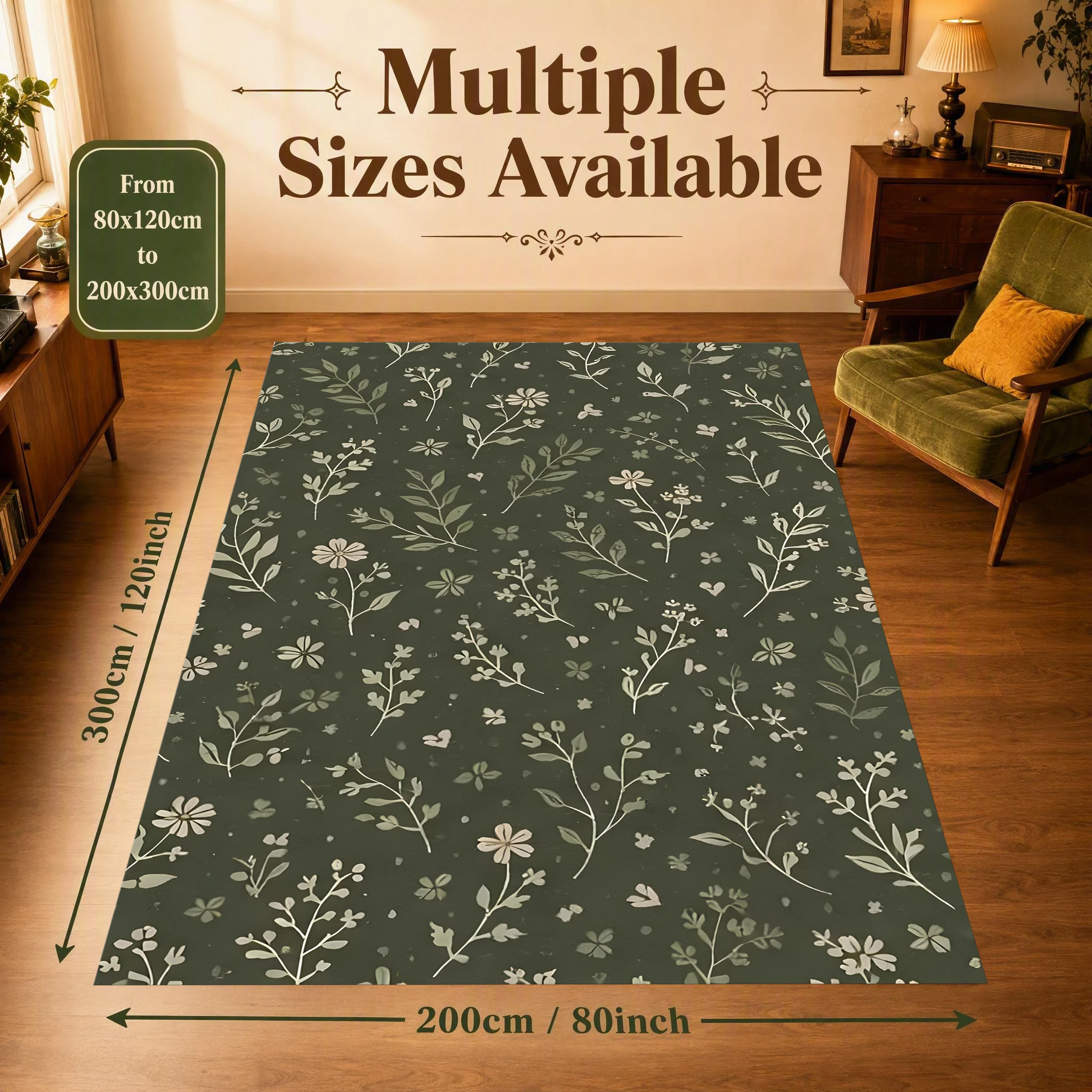 2D Carpet with Dark Green Background and Floral Pattern in French Retro Style for Living Room, Bedroom, and Bay Window