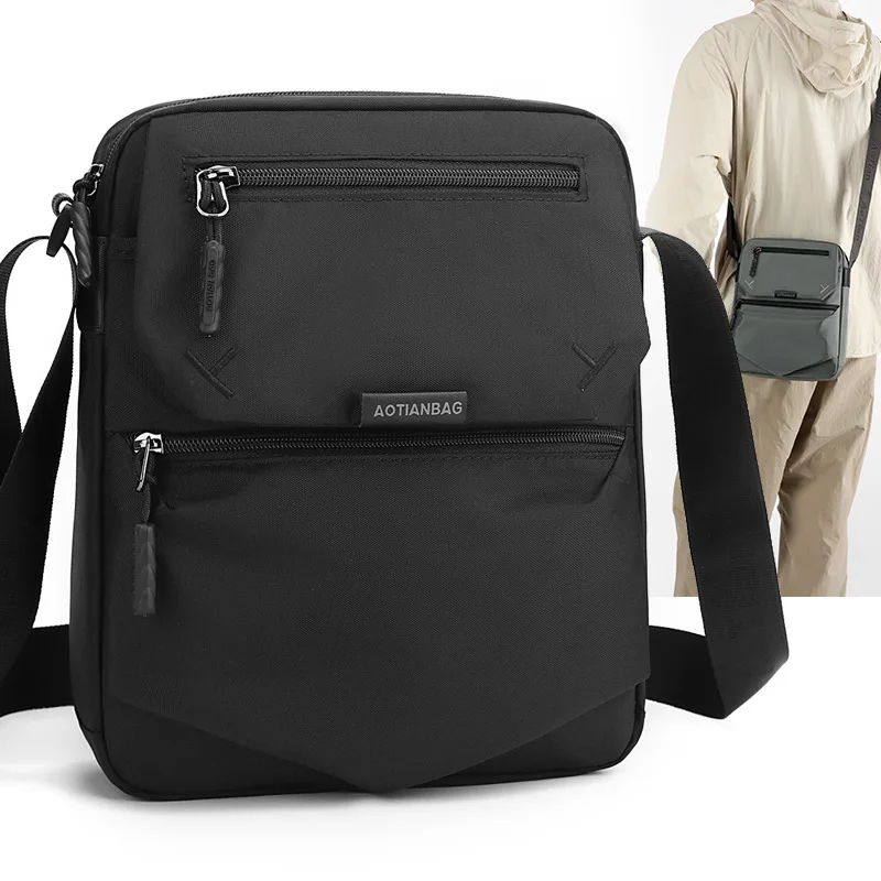 Waterproof Oxford men's vertical square crossbody bag with multiple pockets, durable travel single-shoulder backpack