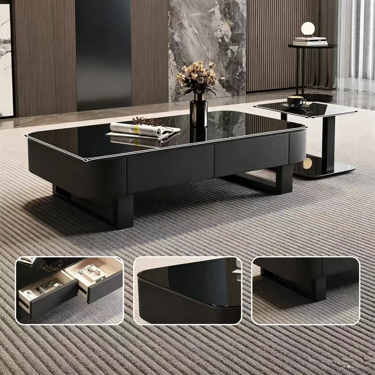 #Modern Nesting Coffee Table Set Glossy Microcrystalline Stone Top Storage Drawers Portable Combination Design for Living Room