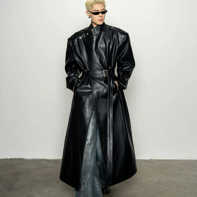 

American High-end Style Large Lapel Cinched Waist Leather Coats for Men 2026 Autumn New Fashion Irregular Silhouette Long Jacket
