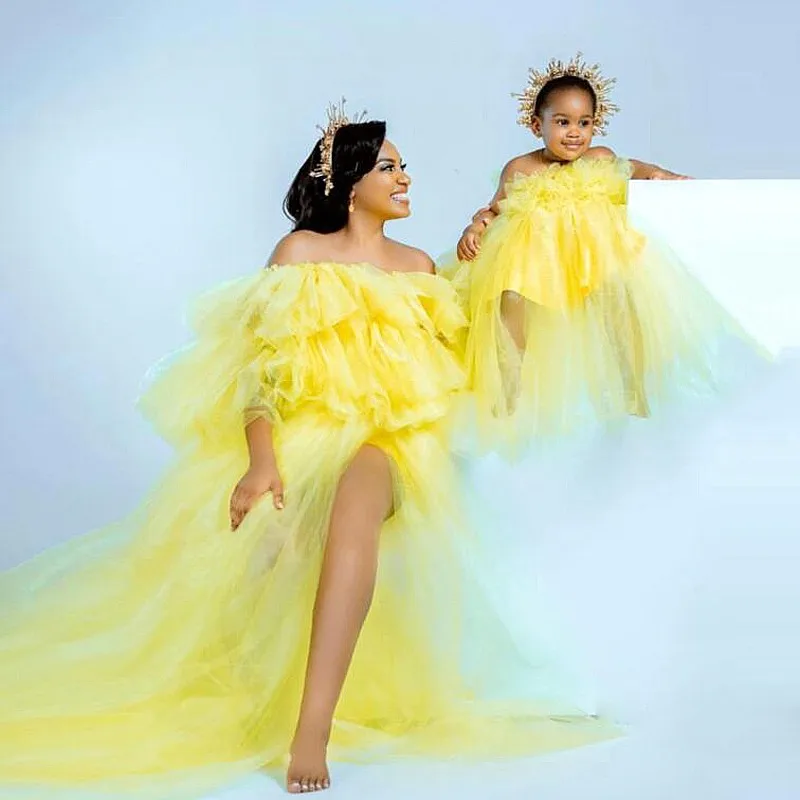 Mother And Kids Yellow Tulle Dress Side Split Off The Shoulder Maternity Dress For Photo Shoots Birthday Gowns For Mommy & Me