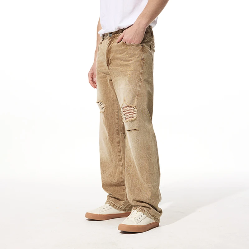 봄-여름 클랜핏 스트레이트 튜브 버전 루즈한 캐주얼 얇은 나방 노란색 천 청바지에 약간의 구멍이 있음