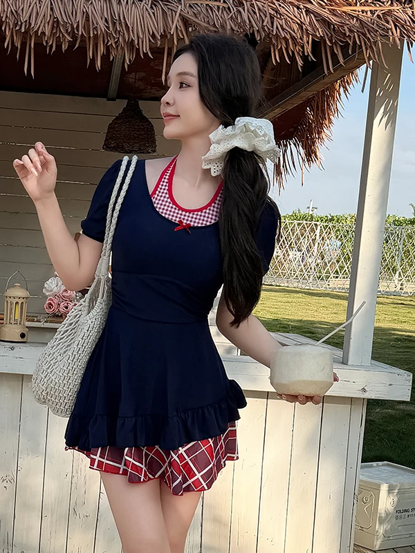 

Sweet Preppy Style Girls Swimsuit Short Sleeve High Elasticity Nylon Fabric round Neckline Removable Chest Pad