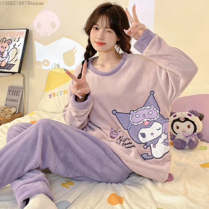 Sanrio Kuromi Cinnamoroll Cartoon Coral Plush Pajamas Sweet Cute Warm Sleepwear Women Autumn Winter New Thicken Flannel Home Set