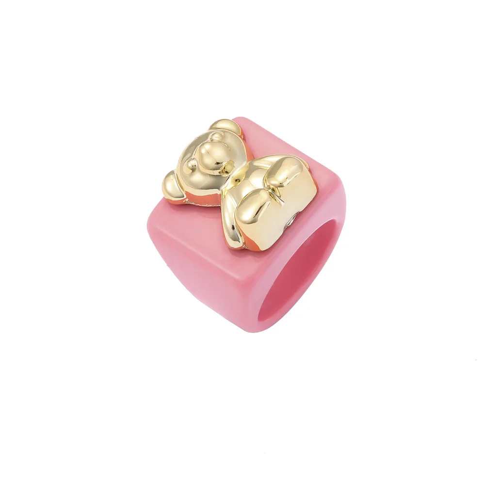 2024 New INS Cute Cartoon Resin Acrylic Bear Metal Rings For Women Girls Candy Color Aesthetic Square Rings Wholesale Jewelry