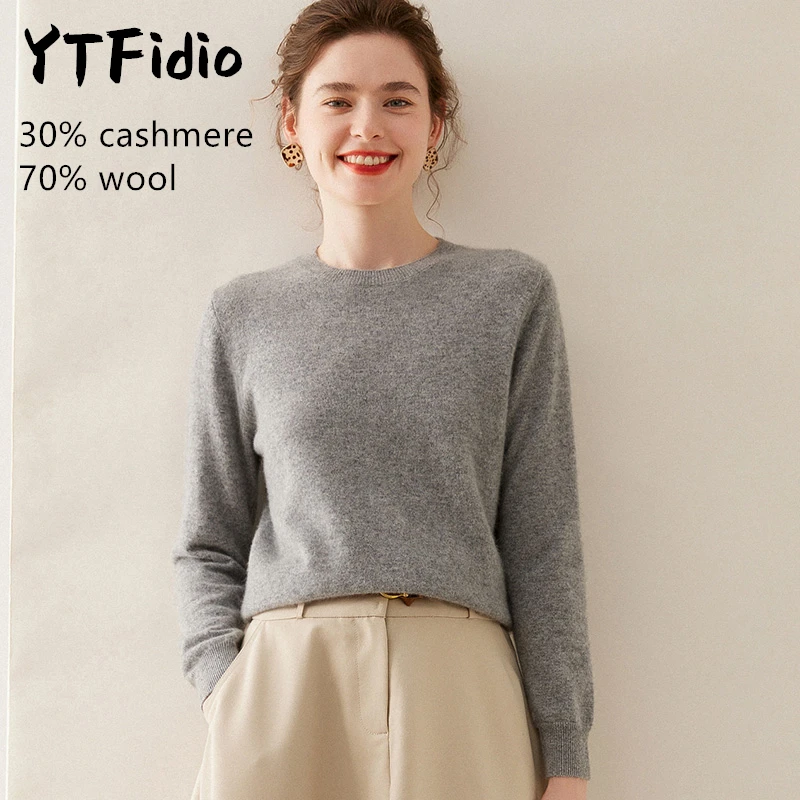 YTFidio-Pull en cachemire à manches longues et col rond pour femme, pull en laine mérinos, pulls décontractés, tricots solides, automne, Y-100