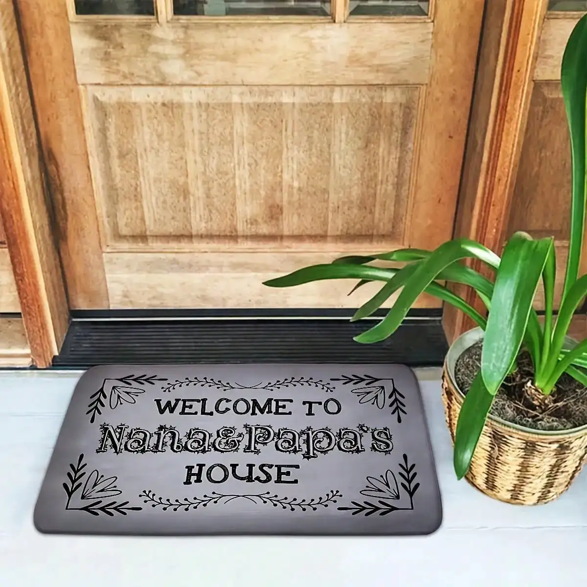 Welcome Nana & Papa's House Non-Slip Machine Washable Polyester Rug With Braided Edges And Medium Pile Height - Decorative Entrance Doormat For Living Room