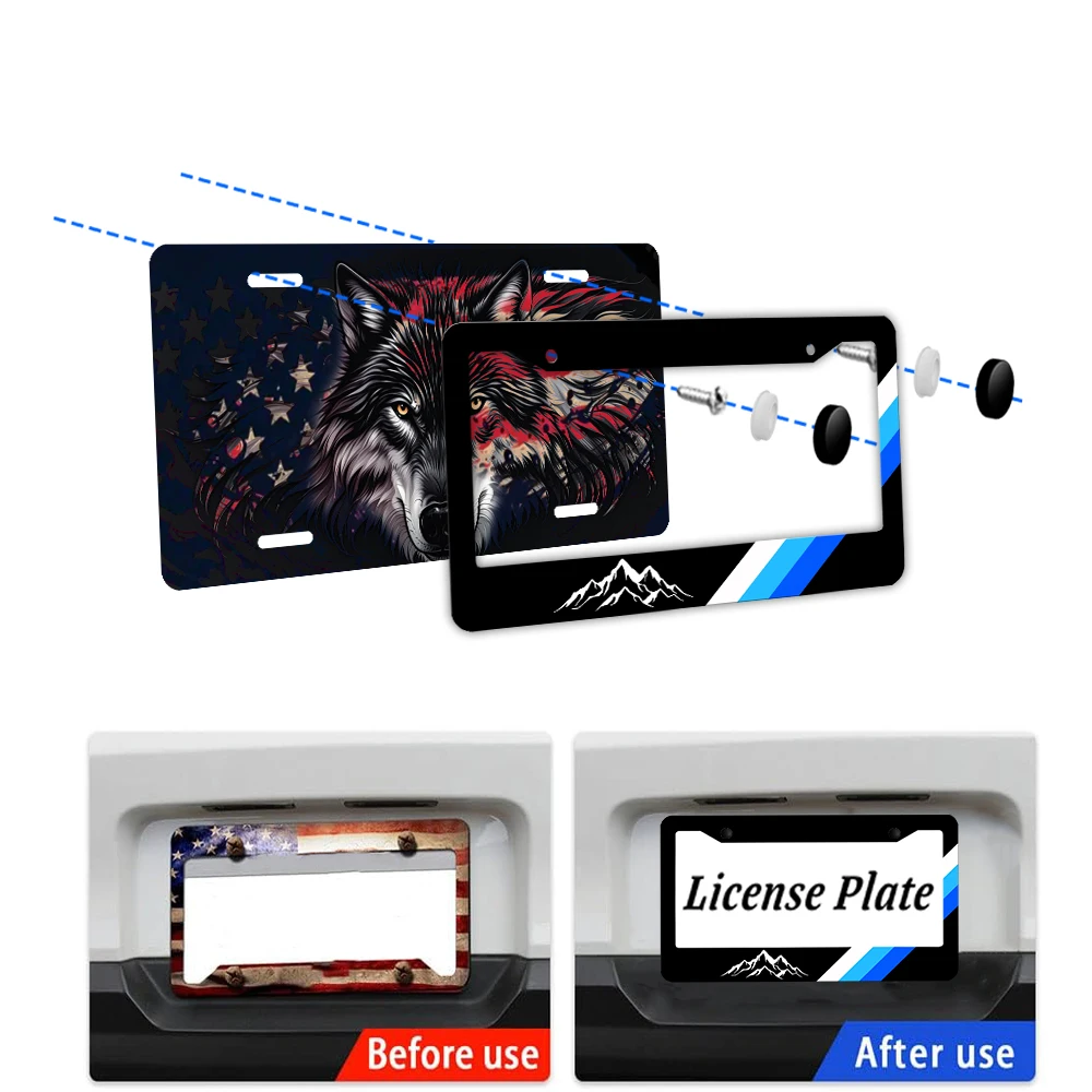 سيارة سوداء مبتكرة - إطار لوحة ترخيص مزخرف بطباعة جبلية وخطوط زرقاء، مادة ألومنيوم، تصميم بفتحتين