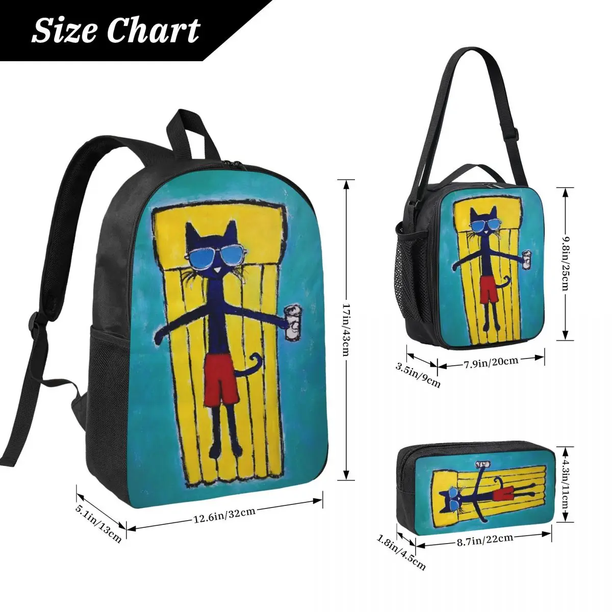 Pete The Cat I Love My White Shoes Zaino per bambini Lunch Box Borse per penne per ragazzi Zaini per ragazze Borsa da scuola Set di zaini