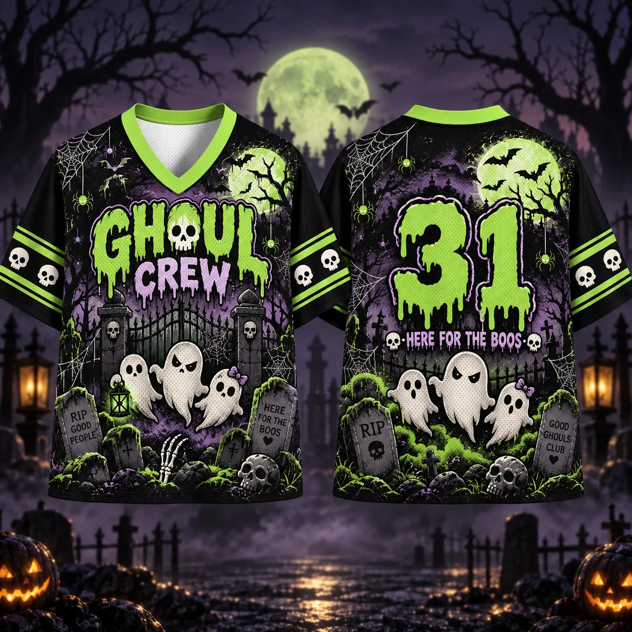 Here For The Boos 31 Halloween Oversized Mesh Jersey, Cute Ghost Tombstone Spider Bat Print V‑Neck Short Sleeve Streetwear Top