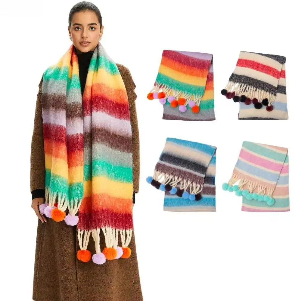 Mohair Plaid Wool Scarf Rabbit Fur Ball Long Winter Cashmere Scarves Imitation Cashmere Korean Style Rainbow Tassel Shawl