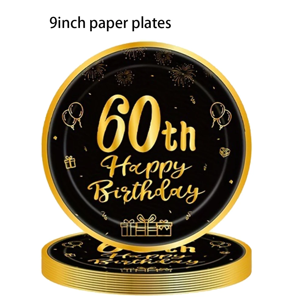8/40pcs 7inch and 9inch Black and Gold Happy Birthday Disposable Paper Plates Birthday Party Decor Supplies Dessert/Salad Plates