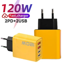 4 Ports 120W USB C PD Charger Quick Charge QC3.0 Phone Charger Adapter for IPhone 15 14 13 Samsung Xiaomi Android EU/US/UK Plugs