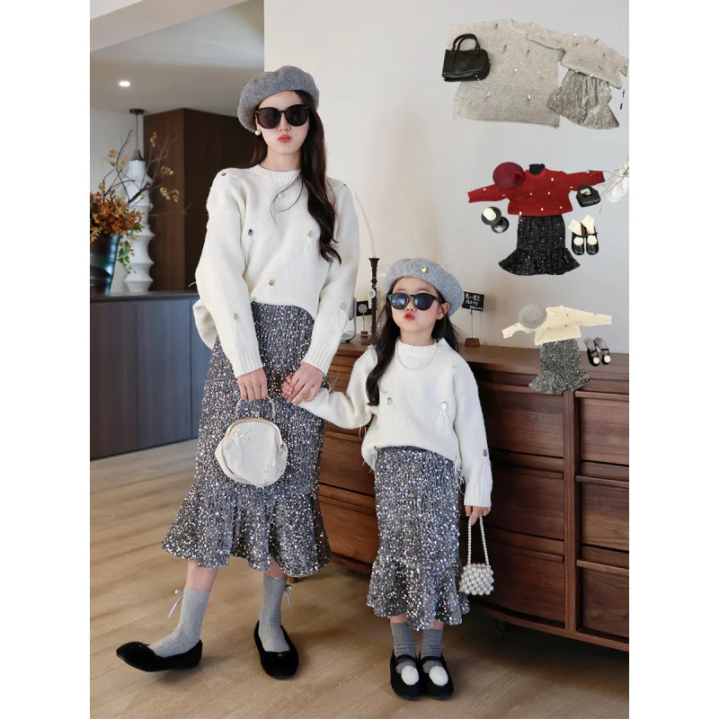 

Family Matching Outfits Autumn Winter2024New Year's New Mother-Daughter Sweater Korean Style Versatile Feather Sequin Pullover S