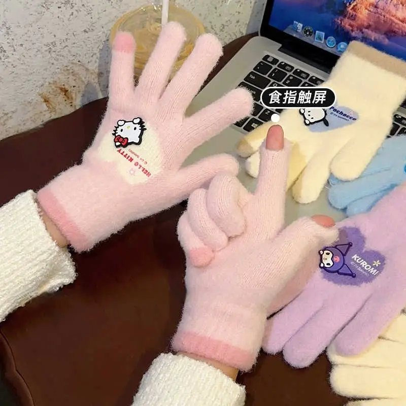 Sanrios Winter Hello Kittys Warm Open Finger Gloves Women's Cute Cinnamoroll Fingertip Touch Screen Warm Outdoor Knitted Gloves