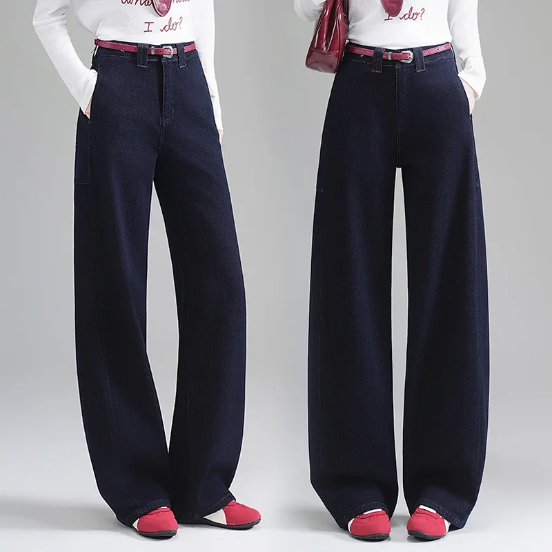 Celana Denim Scythe Wide-Leg untuk Wanita, Celana Banana Lurus Ketat Model High-Waisted Longgar untuk Musim Semi dan Gugur Terbaru