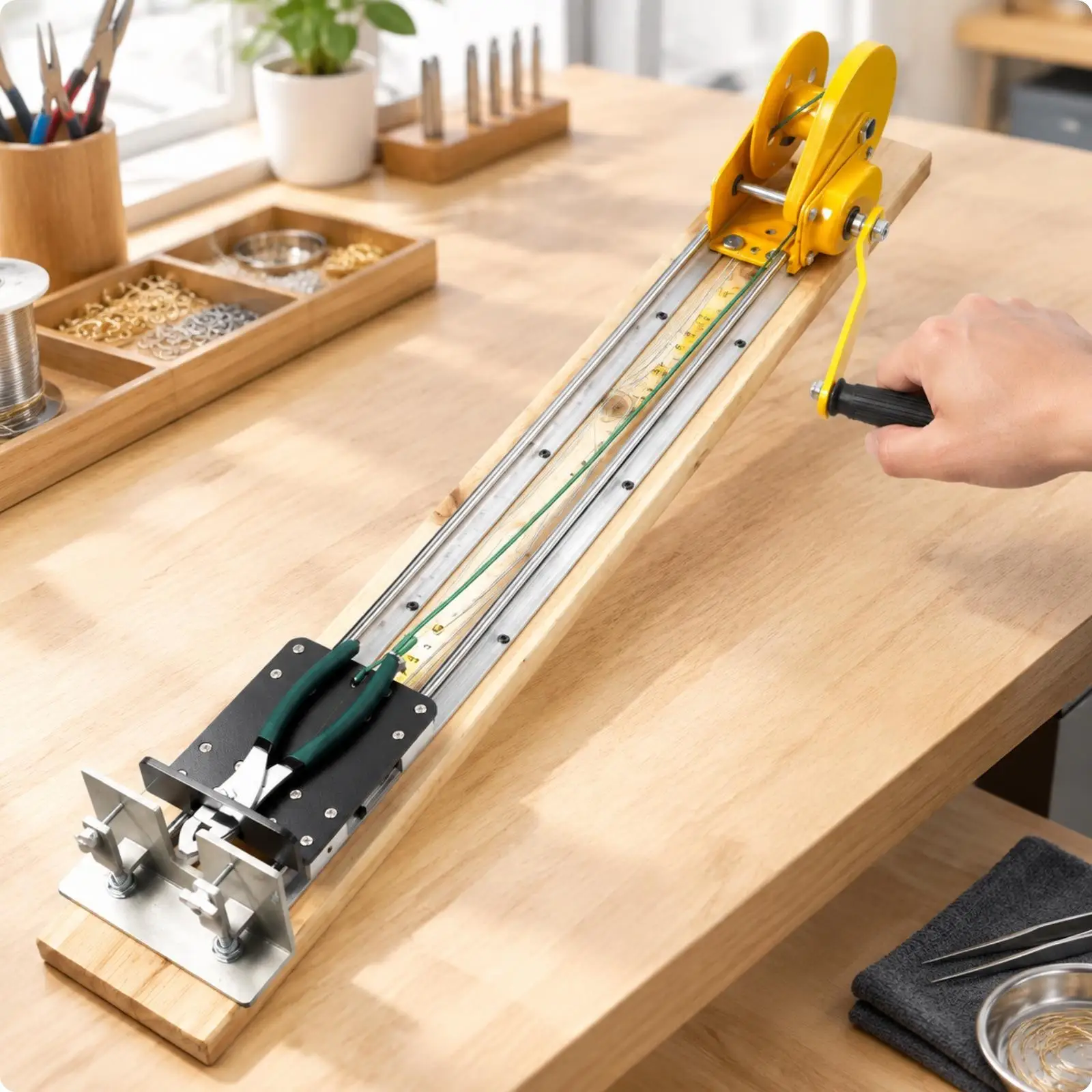 Manual Wire Drawing Bench for Gold Silver Jewelry Fabrication with Crank Handle and Measuring Scale
