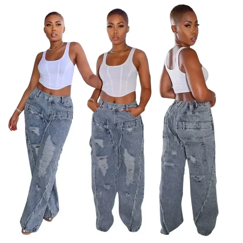 

Distressed Tassel Hole Jeans Cargo Pants Women High Waist Button Fly Loose Denim Trousers Y2K Streetwear All Matching Bottoms