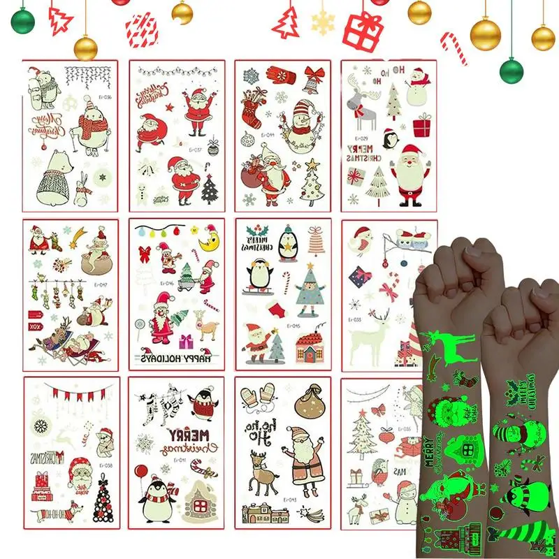 

12 Sheets Christmas Glow Fake Tattoo Cartoon Temporary Santa Claus stickers Christmas Makeup Party Supplies gifts for kids