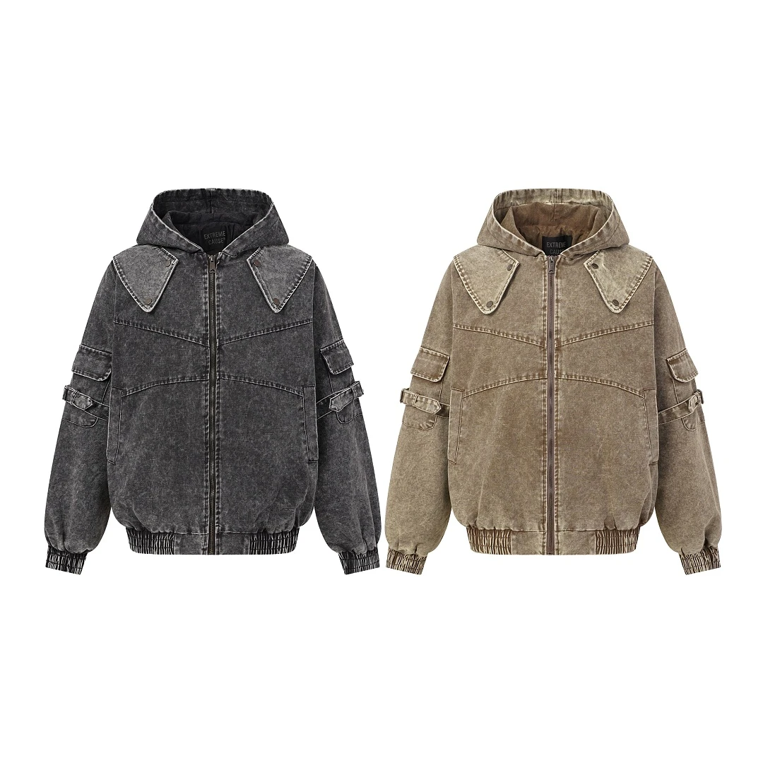 Streetwear Vintage Washed Cargo Zip Up Hooded Outerwear Unisex Multi Pocket Distressed Loose Jacket