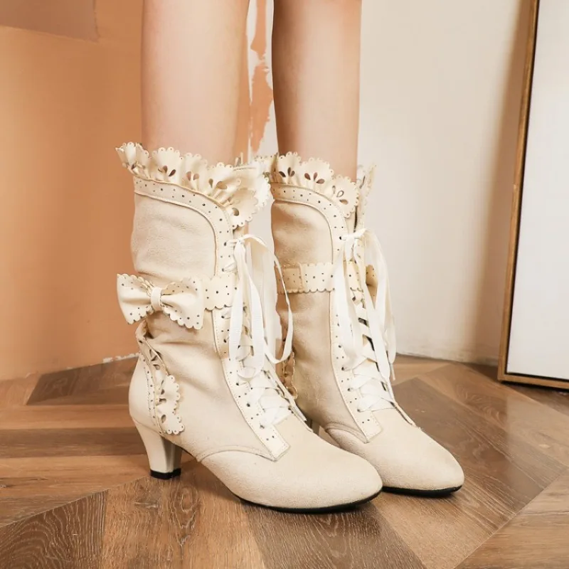 Autunno inverno Vintage donna stivali vittoriani Lace Up tacco alto Bootie Ruffle Trim Lolita Princess Cosplay Tea Party Costume scarpe