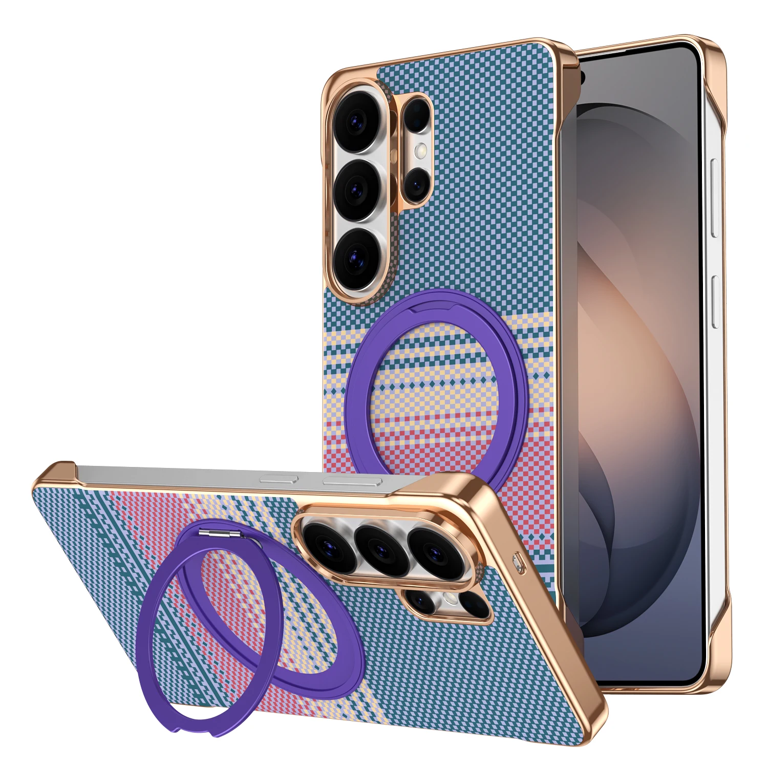 For Magsafe Carbon Fiber Textured Case for Samsung S23 S24 S25 S26 Ultra With Ring Stand 360°Rotatable Magnetic Shockproof Cover