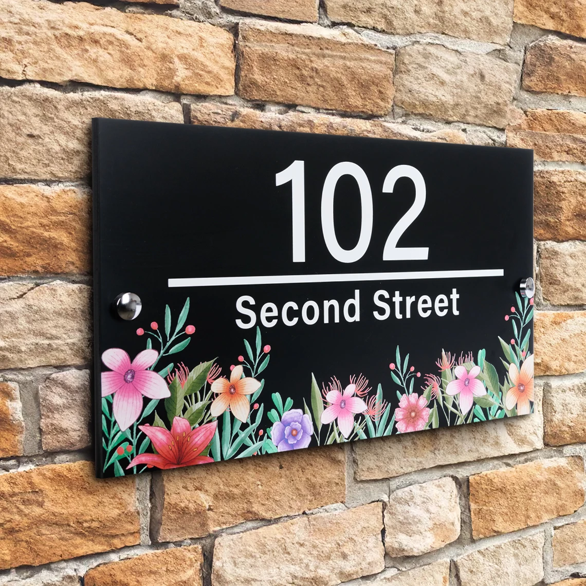 

Personalized House Number Sign with Floral Design Outdoor Entrance Sign Matte Acrylic UV Printing Exterior house numbers Plaque