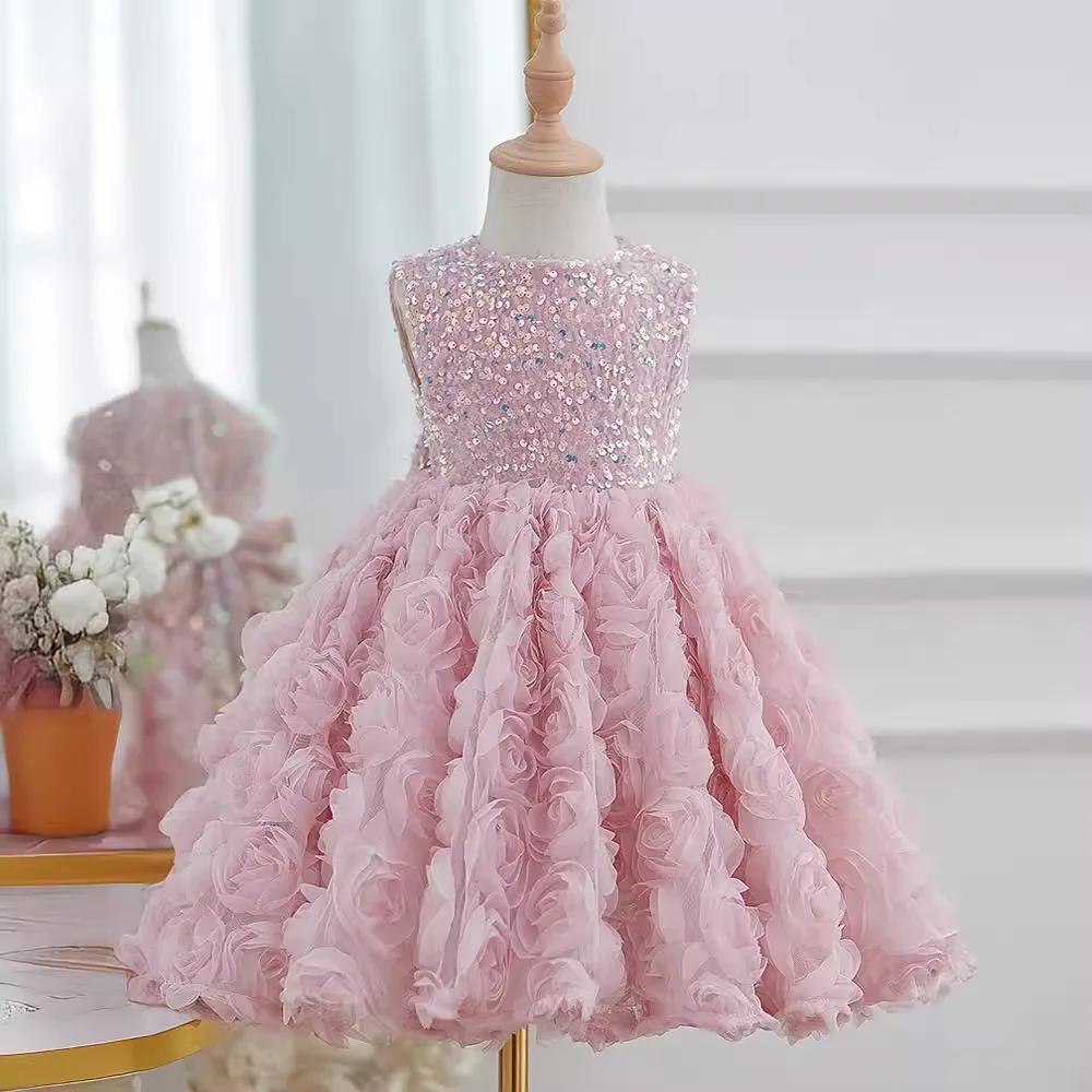 2024 Flower Girl Wedding Pink Princess Ball Gown Children Cute Bow Sequins Sleeveless Birthday Party Dress y1259