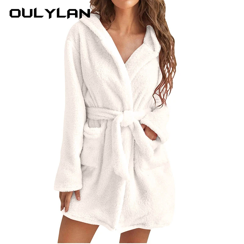 Solid Shower Robes Hooded for Women Long Sleeves Towel Bathrobe with Waist Girdle Female Cotton Sleepwear for Home Wear