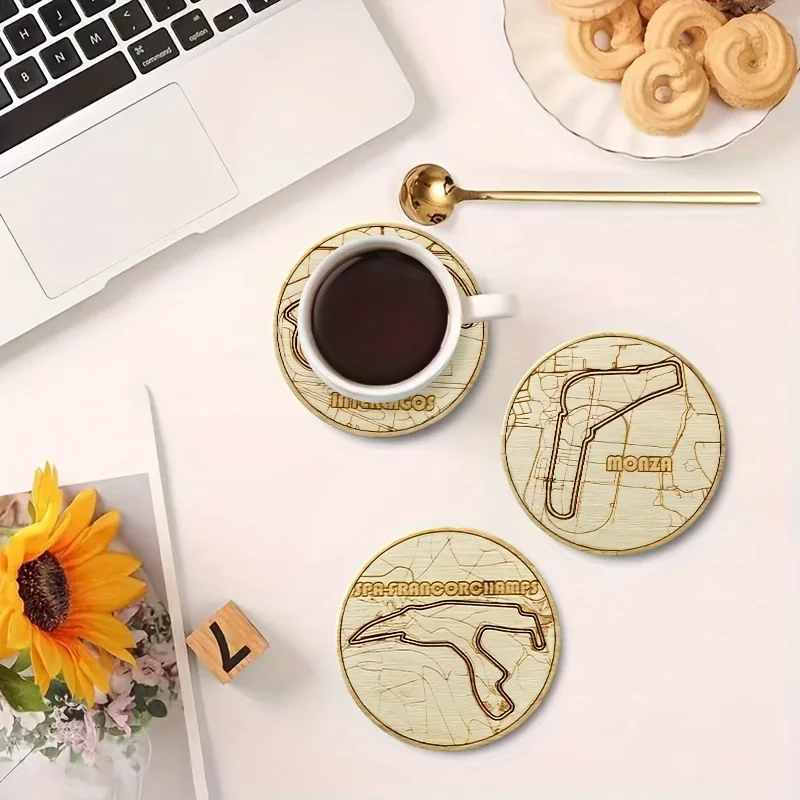 6pcs 2D One Racing Car Auto Sport Flat Round Wooden Coaster Formula Decorative Gift Racing Enthusiasts Perfect Family Gatherings