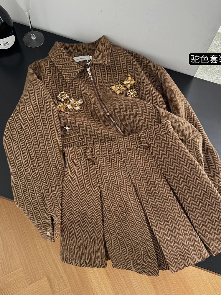 Women\'s Brown Two Piece Suit Vintage Long Sleeve Luxury Coat and A-Line Mini Skirt Vintage Y2k Skirt Sets Elegant 2000s Clothes