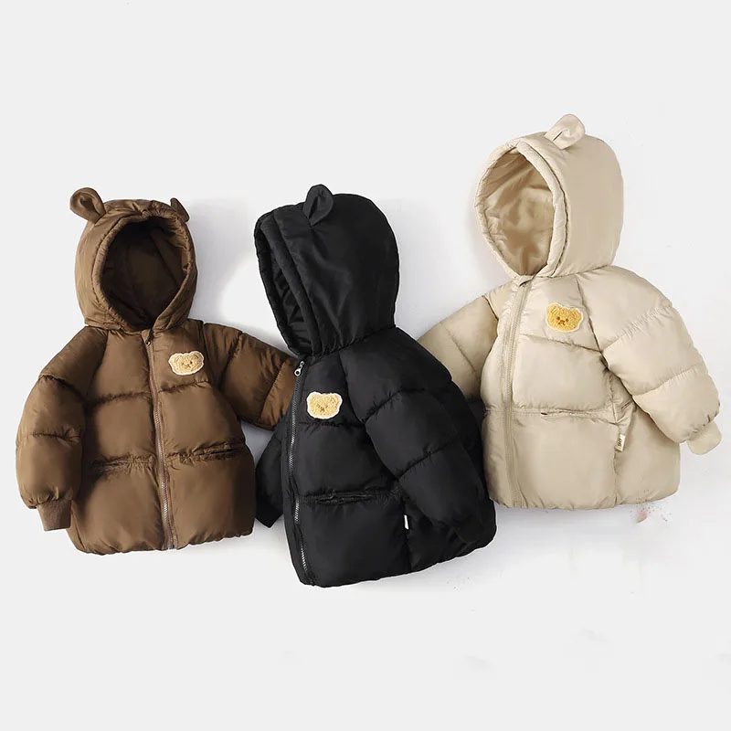 2024 Toddler Baby Boys Winter Cotton Overcoat Thicken Patchwork Cartoon Bear Kid Girl Outerwear Cute Ear Hat Warm 1-6Y Boys Coat