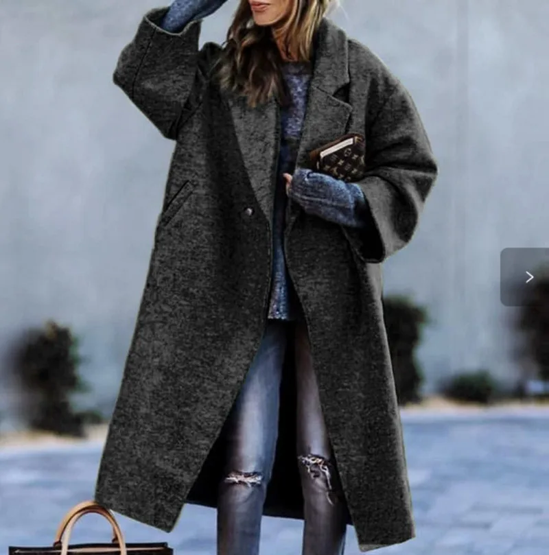 Women Printed Casual Long Sleeve Autumn Winter Fashion Loose Coat Wool Blend Jacket Trench