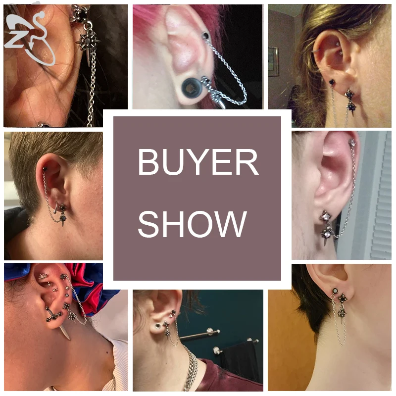 ZS Double Cross Punk Chain Tassel Stud Earrings for Men Gothic Rock Ear Piercing Jewelry Male Biker CZ Zirconia Earrings Jewelry