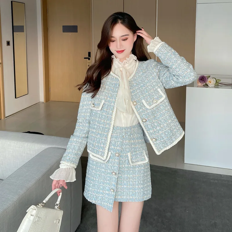 Autumn 2 Pieces Set Elegant Fashion Vintage Plaid Tweed Long Sleeve Jackets Coat + Irregular A-Line Mini Skirts Suit