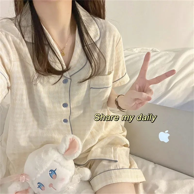2025 Night Wears Set Woman 2 Pieces Women's Pajamas Plaid Shorts Summer Pajama for Women Sleepwear Womens Outfits Pyjamas Sets