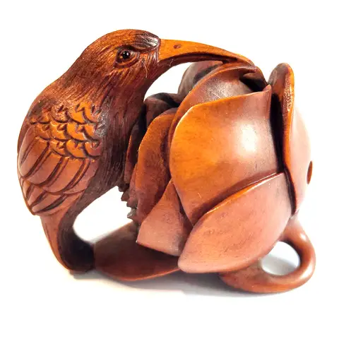 Y8349 – 2 손으로 조각한 일본 회양목 Netsuke 조각상: 예쁜 새