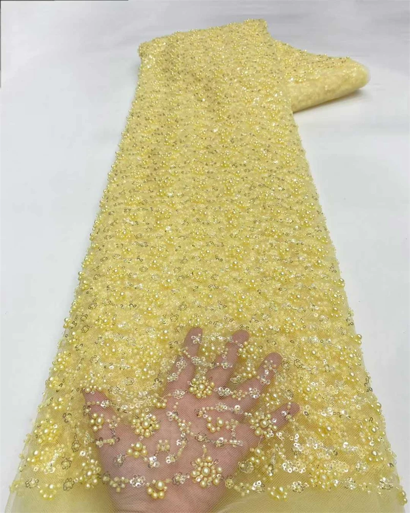 

Luxury Nigerian African Handmade Beads Sequins Mesh Lace Fabric for Party Dress Fabric