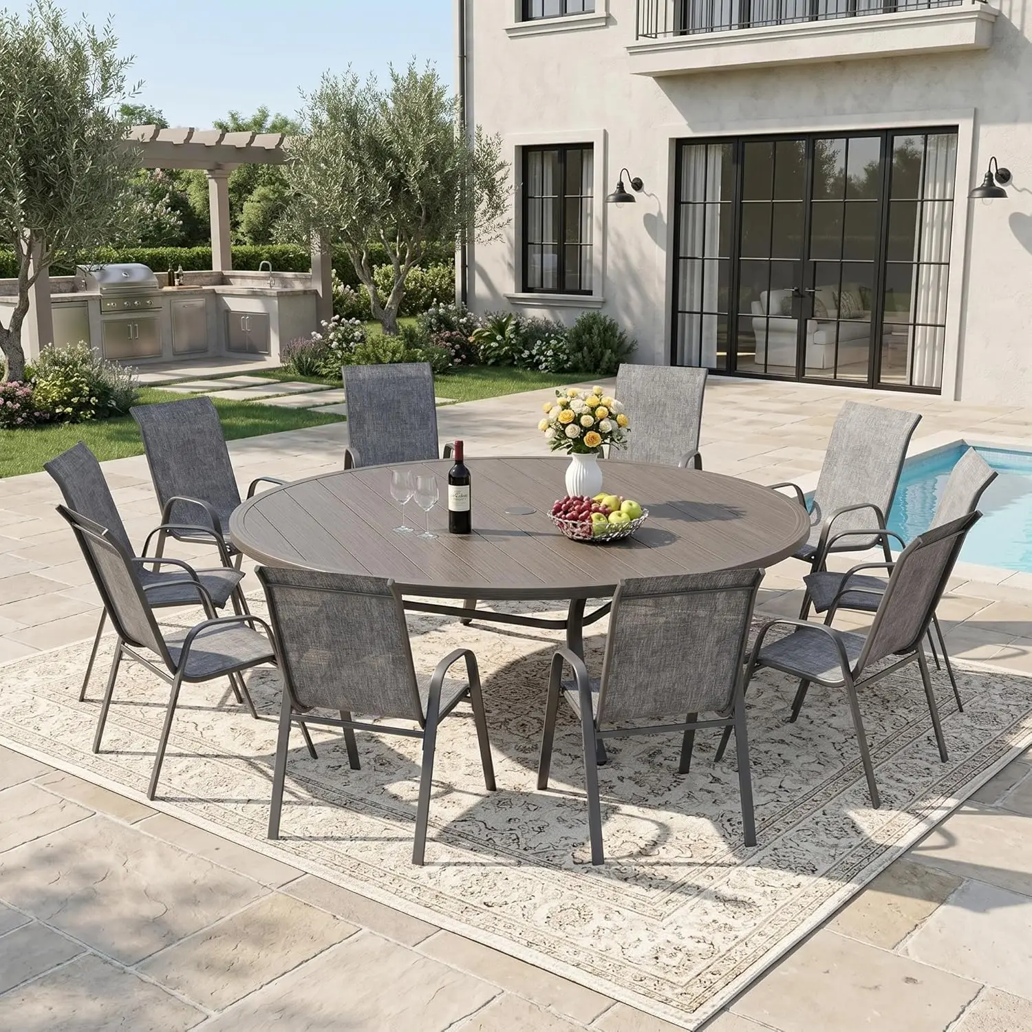 11 Piece 63 Inch Round Metal Outdoor Patio Dining Set Stackable Textilene Chairs with Umbrella Hole Customized for Backyard Gard