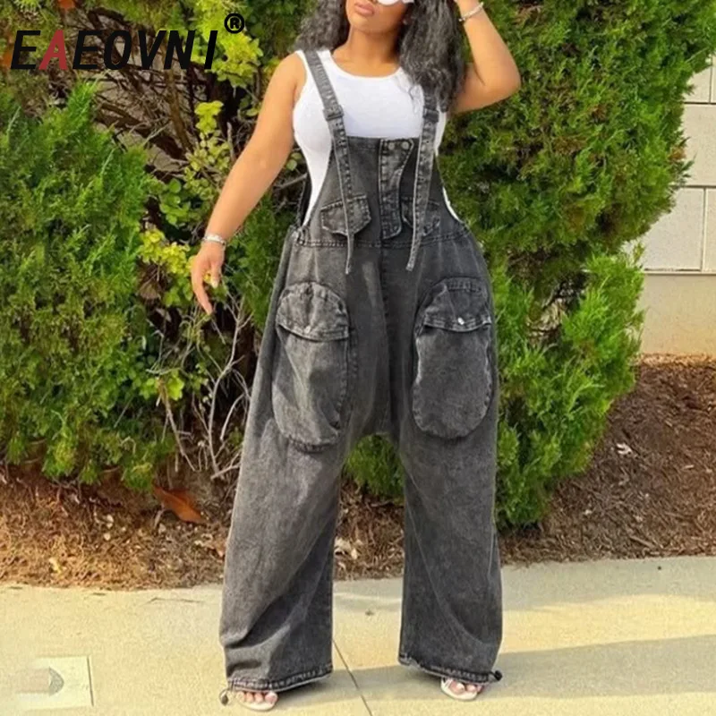 

EAEOVNI Streetwear Denim Jumpsuit Women Fashion Sleeveless Backless Big Pockets Patchwork Loose Wide Leg Clothing Summer New